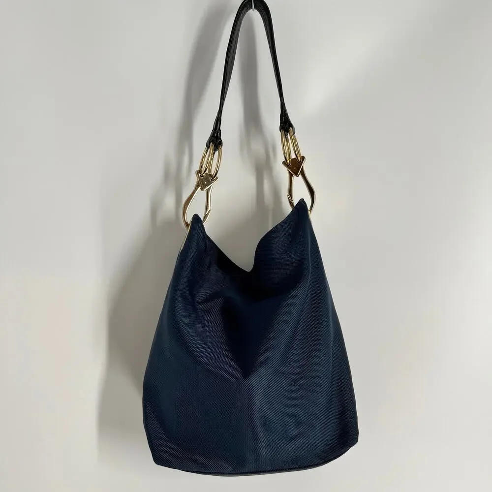JPK Paris 75 Hobo Bucket Shoulder Bag Navy Blue Canvas Leather Strap Gold Buckle